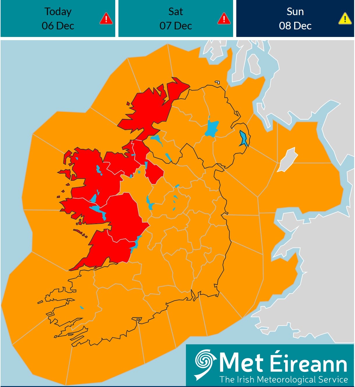 Met Eireann has upgraded a weather warning to red in some counties.